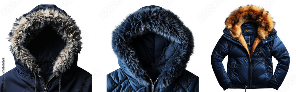 A collection of stylish and warm winter jackets with fur-lined hoods, perfect for cold-weather protection and fashion transparent background