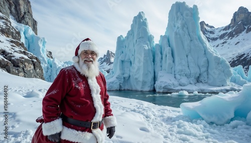  A Santa Claus figure standing on an Antarctic glacier. Holding a sack of presents. Snow gently falling.  Towering icebergs in the background.  Unique holiday celebration.