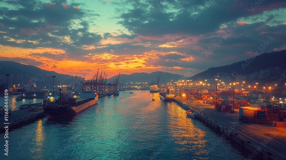 Naklejka premium Sunset Over Busy Harbor with Lights and Reflections