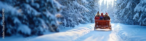 A cozy group rides a sleigh through a serene, snowy forest, surrounded by tall, snow-covered trees under a bright winter sky.