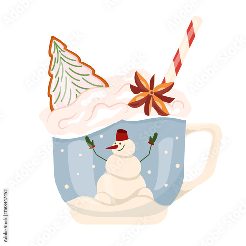 Mug with cocoa or latte with spices and gingerbread to keep warm on winter days. Atmospheric cup with snowman. Christmas mood illustration in vector. For holiday advertising, baking, banners and card
