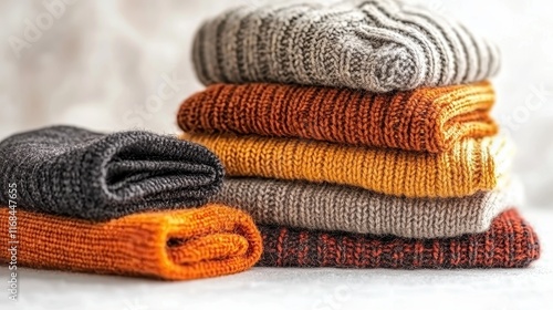 Cozy and Colorful Knitted Socks Stacked Neatly in Autumn Shades on a Soft Background