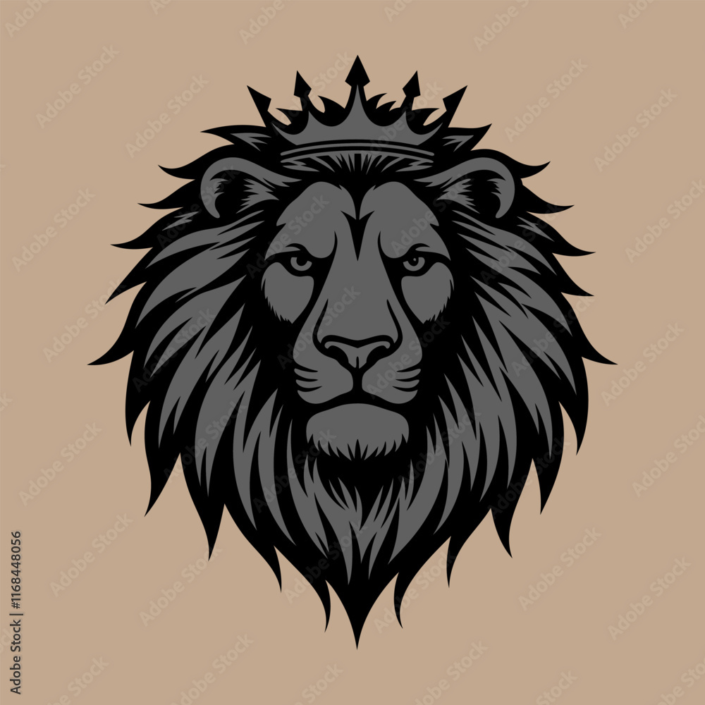 Obraz premium A bold and stylized lion's head in black and gray tones on sandy beige background