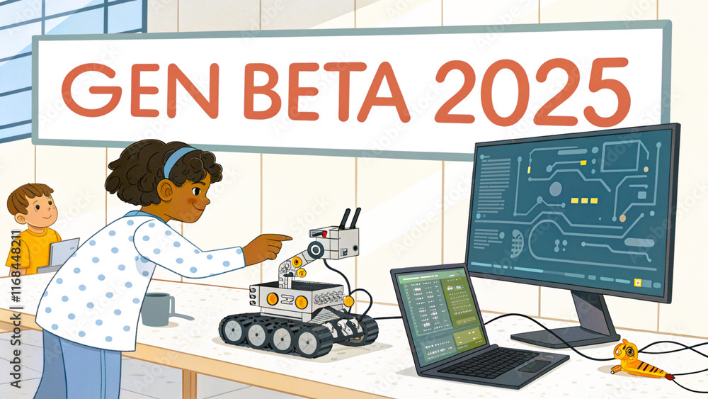 Naklejka premium Gen Beta, a child is learning to code through a robot