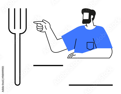 Man with blue shirt points towards large object resembling a fork. Themes decision making, communication, guidance, direction, food industry, simplicity, modern concepts. Abstract line flat metaphor