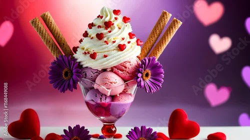 Video footage of colorful ice cream sundae with whipped cream, heart sprinkles, and wafer sticks, adorned with purple flowers, set against a romantic background with heart shapes photo