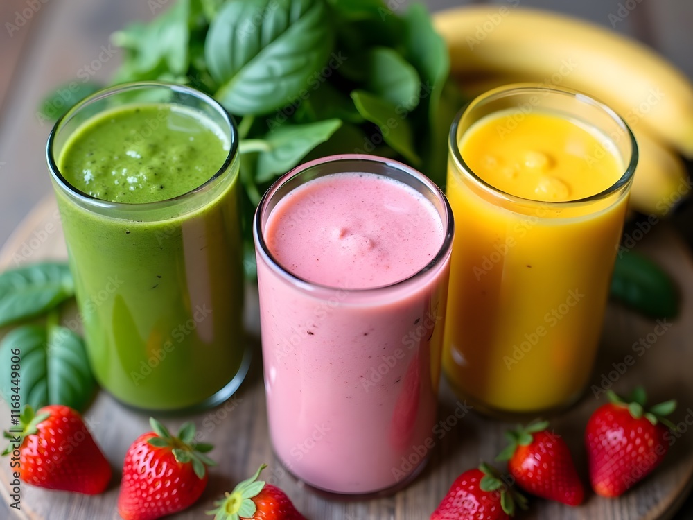 Three vibrant smoothies in glass jars—green, pink, and yellow—surrounded by fresh strawberries, bananas, and spinach. A colorful, healthy treat. Three vibrant smoothies in glass jars—green, pink, and yellow—surrounded by fresh strawberries, bananas, and spinach. A colorful, healthy treat.