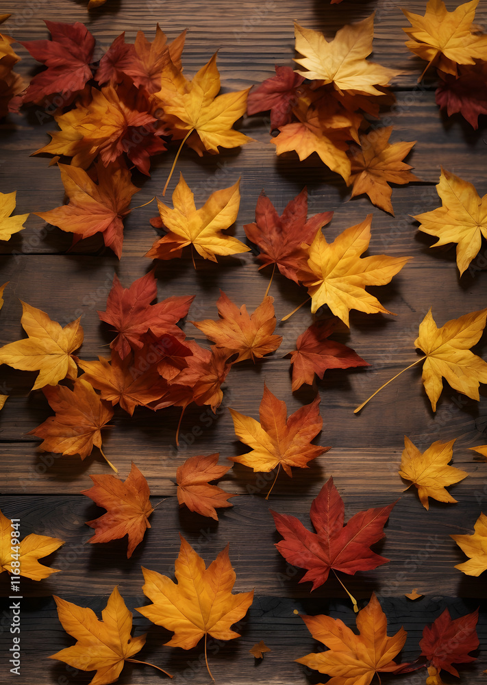 Falling maple leaf's on the empty wooden table top in autumn Falling maple leaf's on the empty wooden table top in autumn
