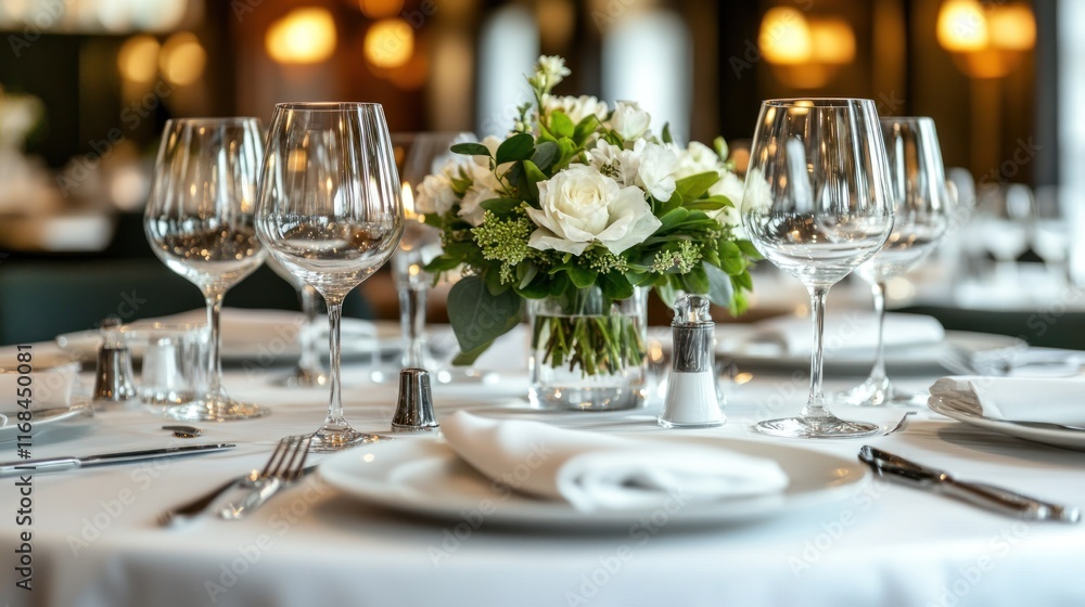 Elegant table setting with white flowers and glassware in a restaurant. Elegant table setting with white flowers and glassware in a restaurant.