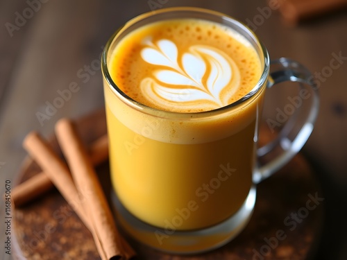 A warm turmeric latte with intricate latte art, surrounded by cinnamon sticks on a rustic wooden table. A comforting and vibrant wellness drink. photo