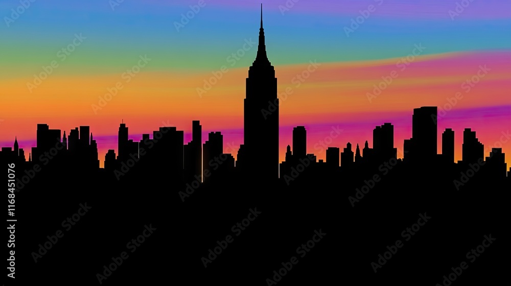Naklejka premium Silhouette of a city skyline at sunset with vibrant colors.