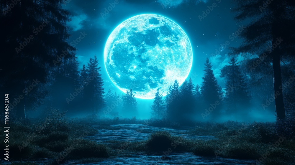 Fototapeta premium A mystical landscape features a glowing blue moon illuminating a foggy forest at night, creating an enchanting atmosphere.