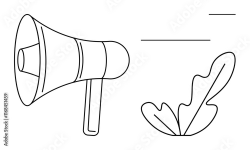 An outline of a megaphone, two horizontal lines, and a leaf. Ideal for communication, announcements, marketing, advertising, nature simplicity minimalism. Abstract line flat metaphor
