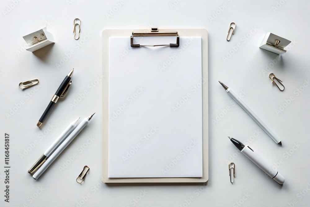 Blank White Clipboard Mockup: Office Supplies, Pens, Notebook, Clips, Aerial View