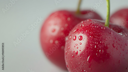 Three Dewy Red Cherries Close Up Shot
