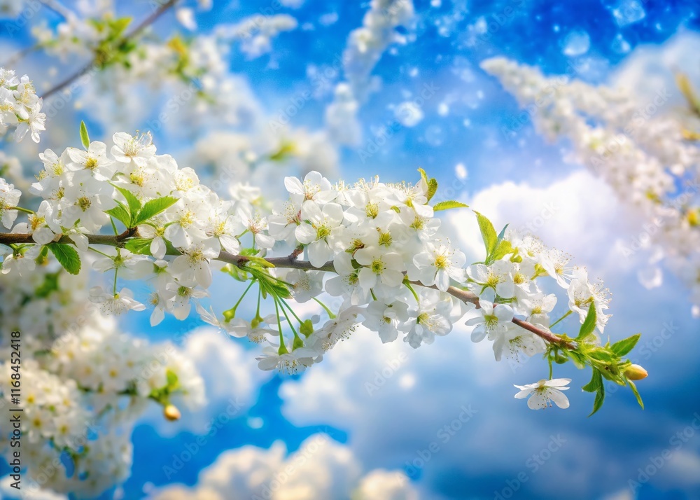 Blooming Bird Cherry Tree: White Flowers & Blue Sky Double Exposure Blooming Bird Cherry Tree: White Flowers & Blue Sky Double Exposure