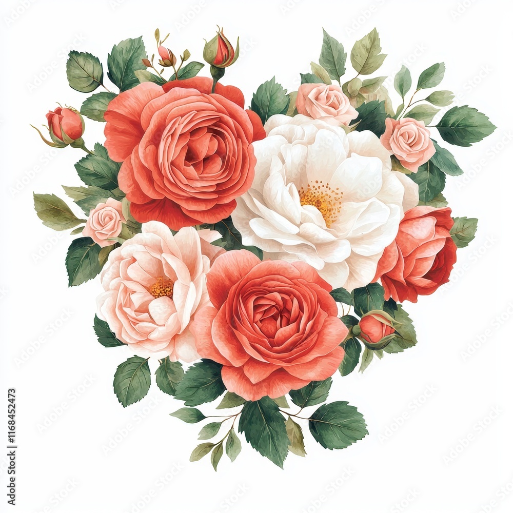 Beautiful Floral Heart Arrangement with Red and White Roses and Green Leaves on a White Background Beautiful Floral Heart Arrangement with Red and White Roses and Green Leaves on a White Background