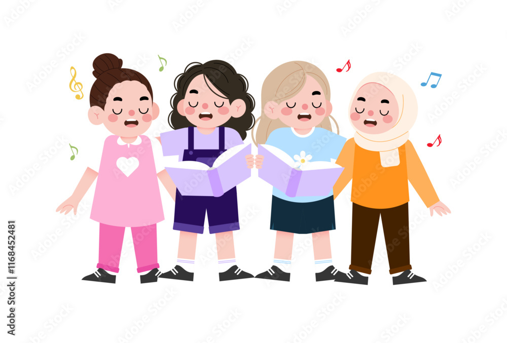 Diverse Group of Girls Singing in Choir Holding Songbooks Cartoon Illustration Diverse Group of Girls Singing in Choir Holding Songbooks Cartoon Illustration