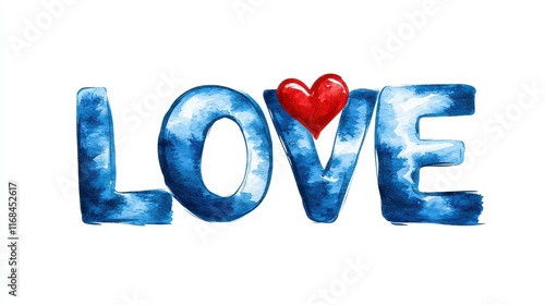 Colorful Watercolor Painting of Love Word with Heart Illustration on White Background