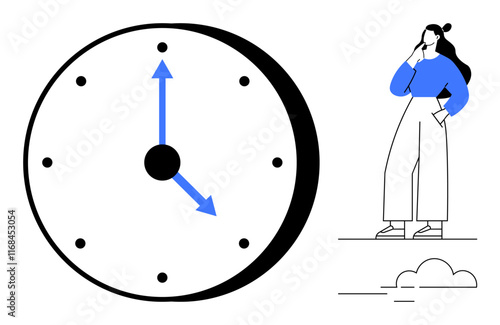 Large clock with black numbers and blue clock hands, woman pondering with hand on chin, clouds. Ideal for time management, productivity, reflection, planning, deadlines, decision making abstract