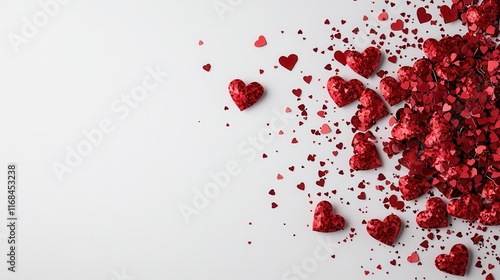 Shimmering Red Hearts and Glitzy Confetti on a Soft Gray Background for Romantic Celebrations