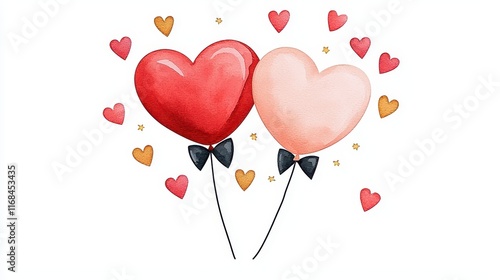 Romantic Heart-Shaped Balloons with Cute Bows and Floating Hearts in Vibrant Watercolor Style