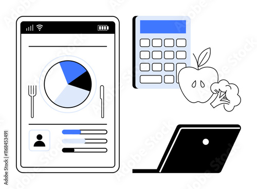 Mobile app with pie chart, laptop, calculator, apple, and broccoli suggest health tracking, wellness. Ideal for fitness, nutrition, health apps dietary planning wellness tech healthy habits