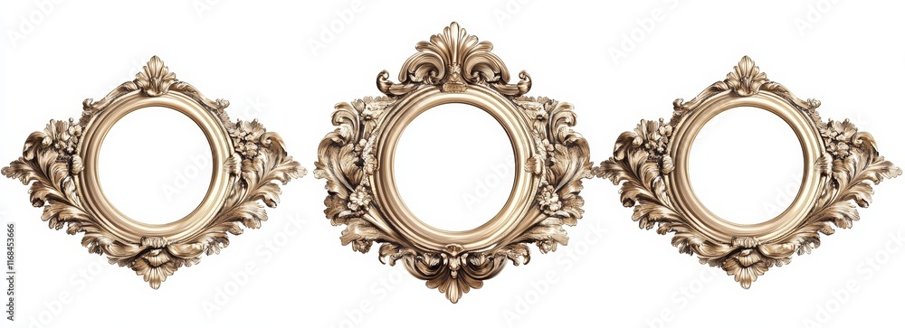 Three ornate, golden, circular frames isolated on white. Three ornate, golden, circular frames isolated on white.