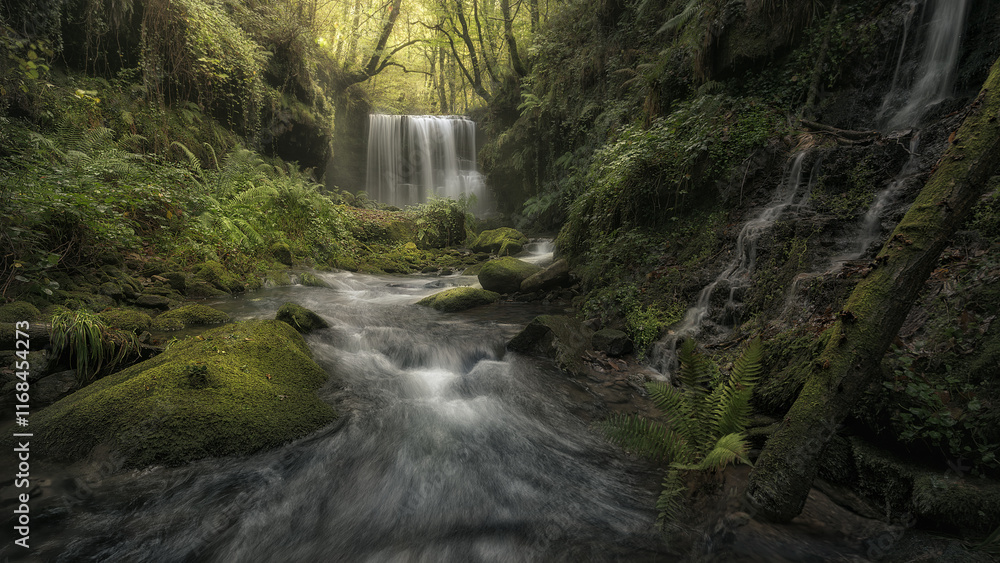 Refreshing morning at the Bustaleguin waterfall in the Pasiegos valleys, Cantabria Refreshing morning at the Bustaleguin waterfall in the Pasiegos valleys, Cantabria