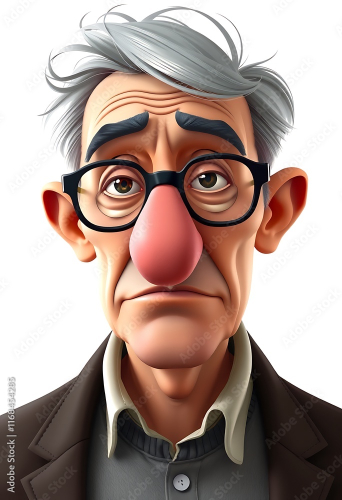 Elderly Cartoon Man Large Nose Glasses Brown Jacket Digital Art Elderly Cartoon Man Large Nose Glasses Brown Jacket Digital Art