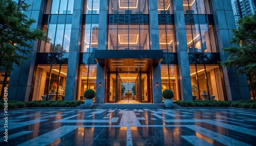 Elegant law firm building exterior view at dusk 