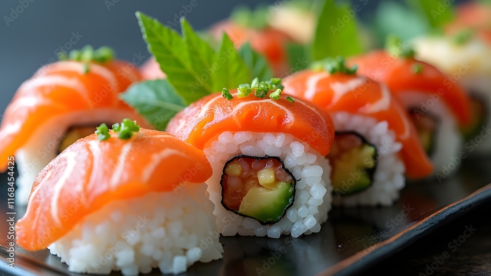 Close-up of fresh sushi rolls topped with salmon, filled with avocado, cucumber, and rice, garnished with herbs. A vibrant Japanese delicacy. Close-up of fresh sushi rolls topped with salmon, filled with avocado, cucumber, and rice, garnished with herbs. A vibrant Japanese delicacy.