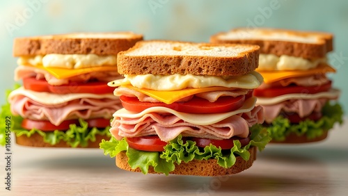 Mouthwatering sandwich stacked with layers of fresh lettuce, juicy tomatoes, turkey slices, and melted cheddar cheese on toasted bread. photo