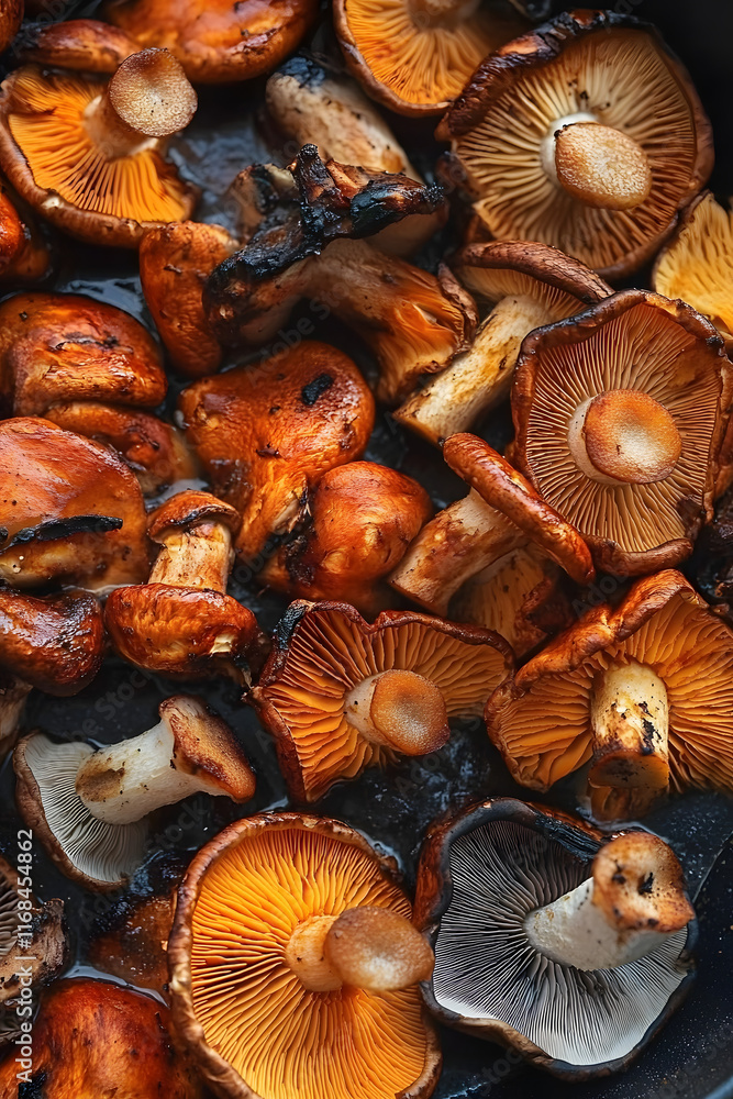 Variety of mushrooms in a pan, cooked for a meal. Aromatic ingredient for dishes. Variety of mushrooms in a pan, cooked for a meal. Aromatic ingredient for dishes.
