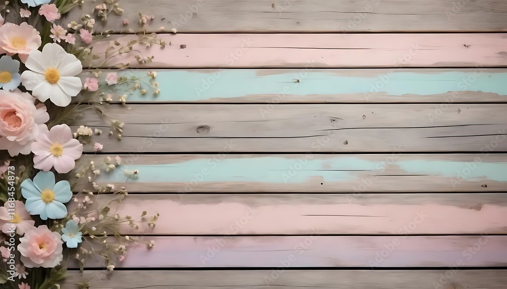 Fototapeta premium Pastel Flowers Arranged Against A Wooden Background