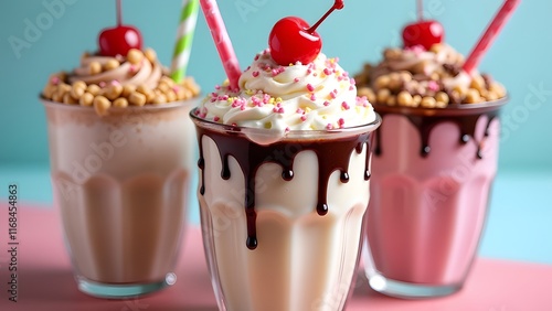 Delicious milkshakes topped with whipped cream, sprinkles, cherries, and dripping chocolate, set against a pastel background. Sweet indulgence captured. photo