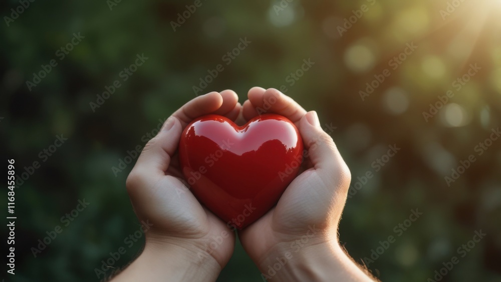 Hand Holding a Red Heart Against Nature and Green Grass. Concept: Love and Valentine's Day. Hand Holding a Red Heart Against Nature and Green Grass. Concept: Love and Valentine's Day.