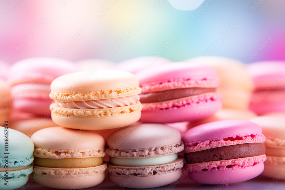 Obraz premium Colorful Assortment of French Macarons with Bokeh Background in Pastel Shades. Ai generative