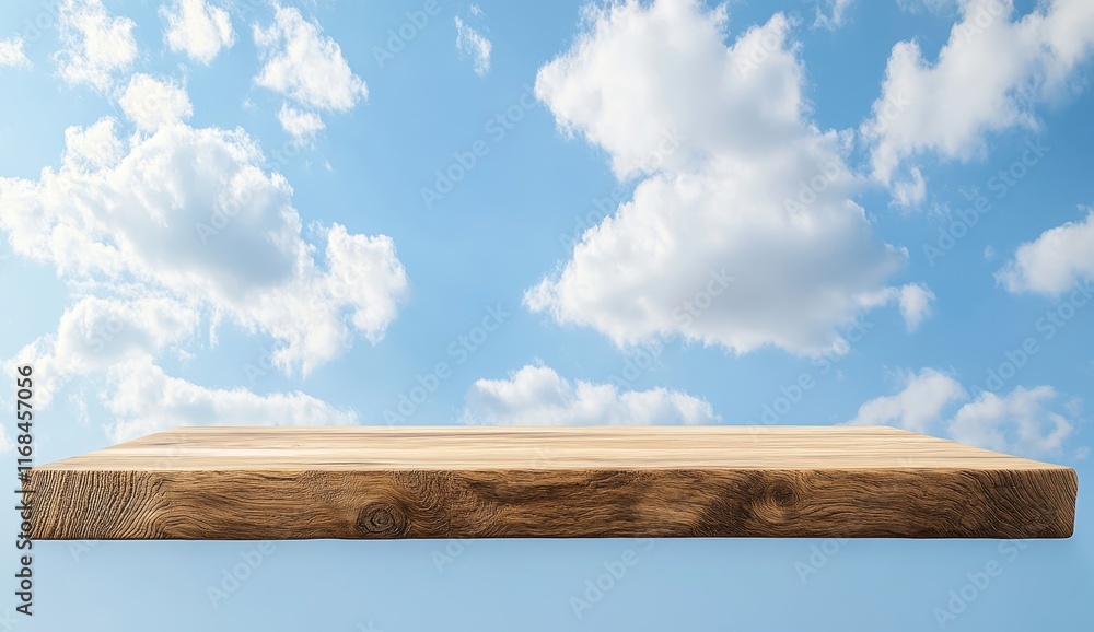 Empty wooden shelf against a blue sky with clouds. Empty wooden shelf against a blue sky with clouds.