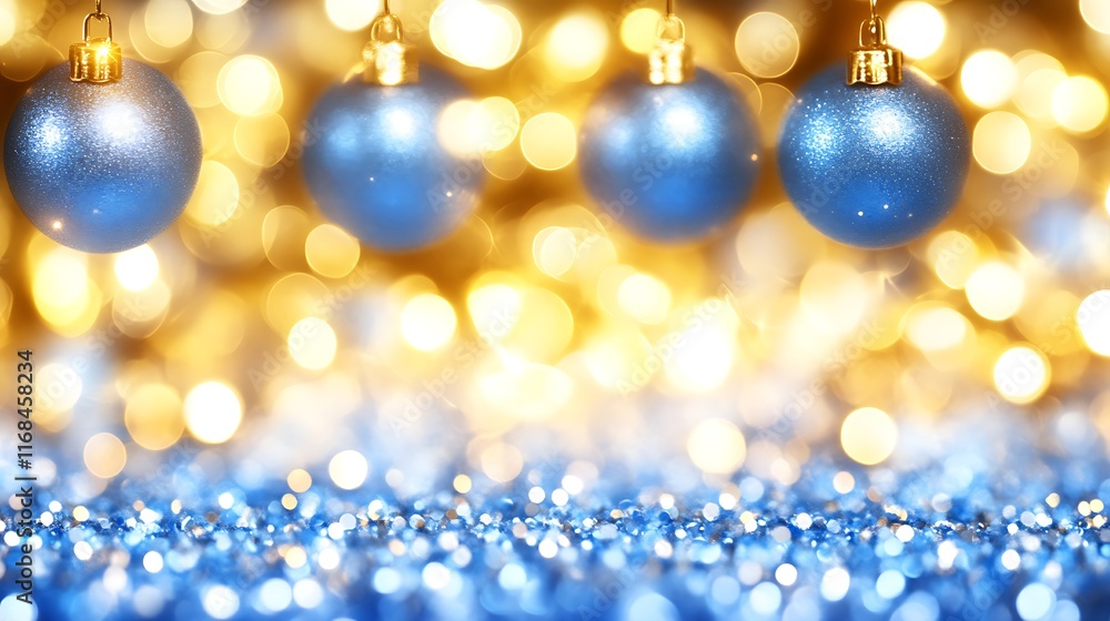 Blue Christmas Ornaments Hanging Against Golden Lights Blue Christmas Ornaments Hanging Against Golden Lights