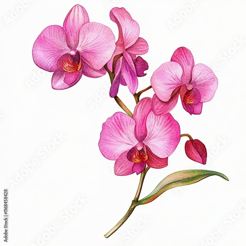 Watercolor Illustration of Pink Orchids, Elegant watercolor painting of vibrant pink orchids on a green stem, showcasing delicate floral beauty and tropical charm.

