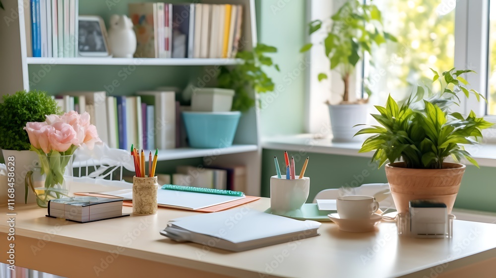 Serene Home Office Workspace With Plants and Books Serene Home Office Workspace With Plants and Books