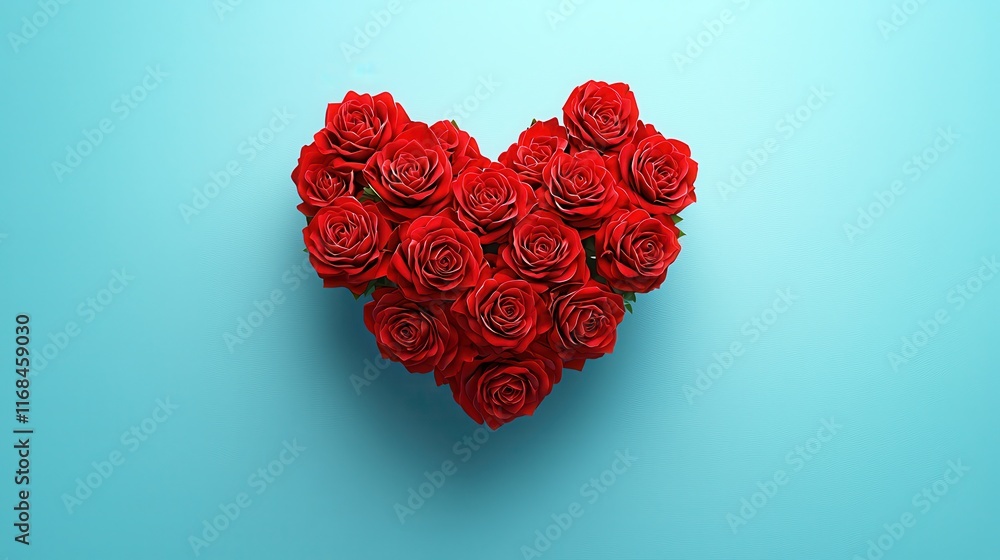 Beautiful Heart Made of Red Roses on a Vibrant Blue Background for Romantic Themes and Decor Beautiful Heart Made of Red Roses on a Vibrant Blue Background for Romantic Themes and Decor