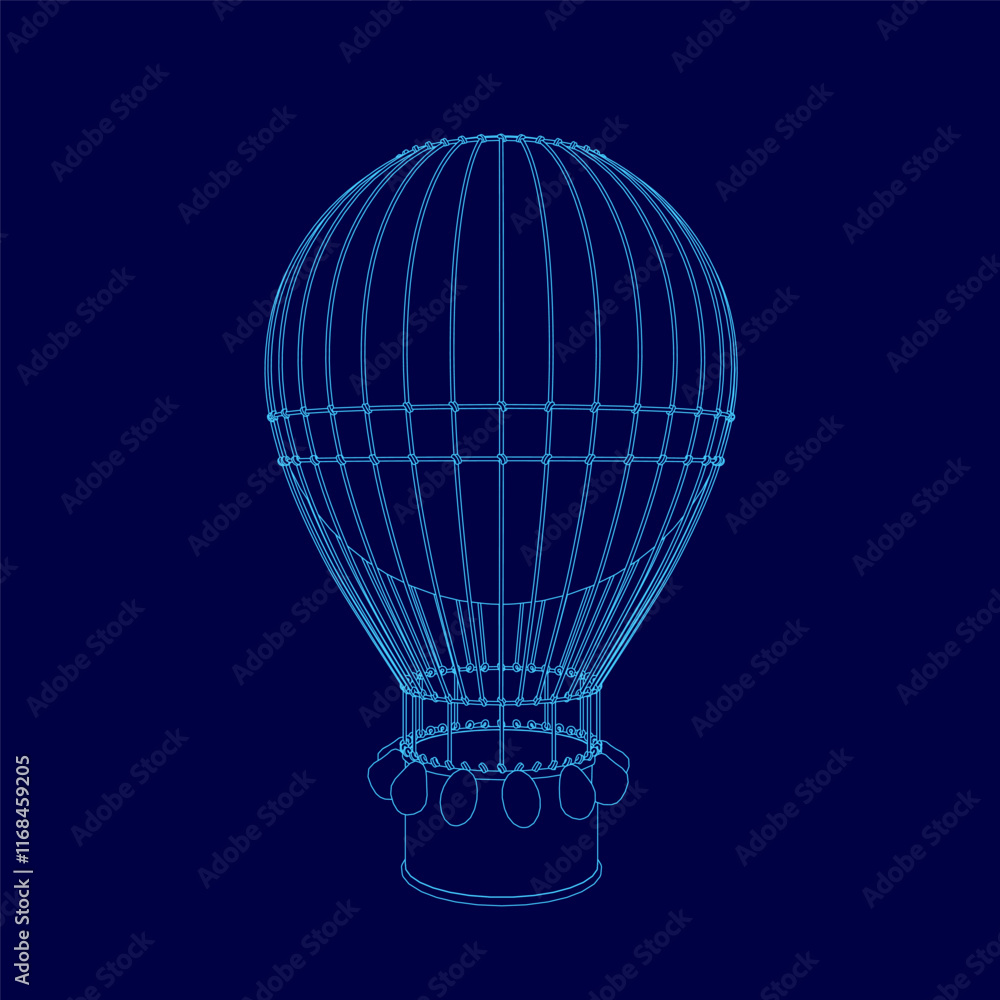 Obraz premium Blue computer generated image of a hot air balloon. The balloon is in the center of the image and is surrounded by a blue frame. The balloon is depicted as a 3D object