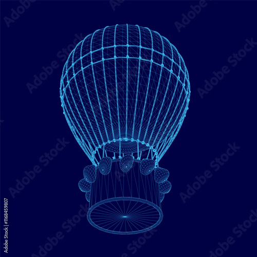 Computer-generated image of a hot air balloon with a blue design. The balloon is floating in the air, and the image has a cool, futuristic feel to it