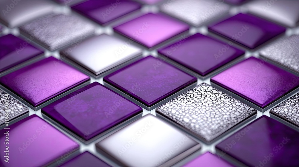 Mosaic abstract background concept. A close-up view of vibrant purple tiles arranged in a unique pattern, showcasing modern design.