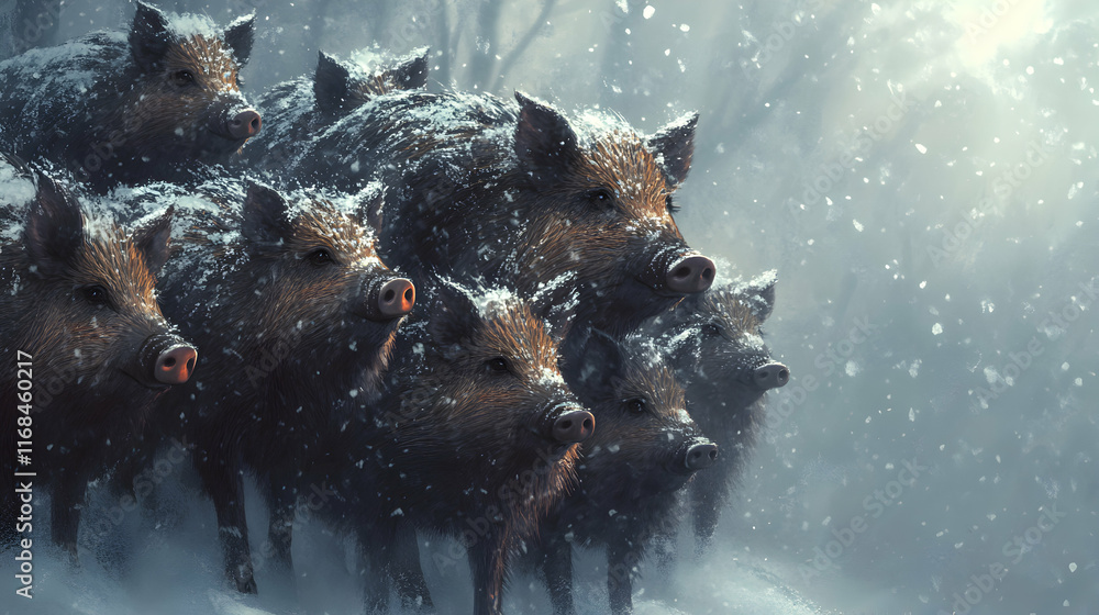 Wild Boars Huddle Together In Winter Snow Wild Boars Huddle Together In Winter Snow
