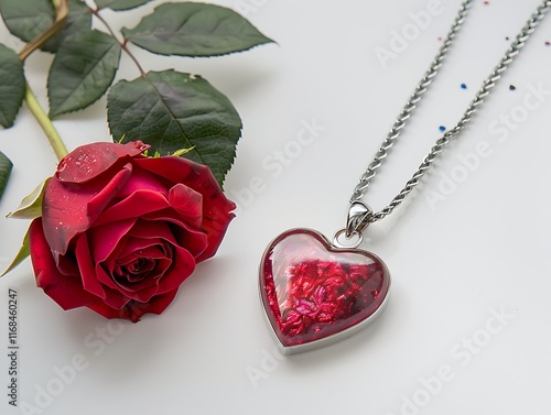 simple red rose lying next to heart-shaped pendant on white background