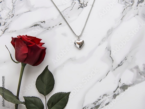 simple red rose lying next to heart-shaped pendant on white background