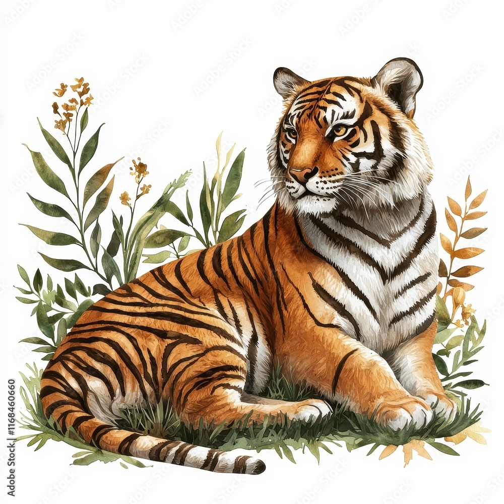 Obraz premium Majestic Tiger Lying Among Lush Greenery with Vibrant Flowers and Natural Elements in Artwork